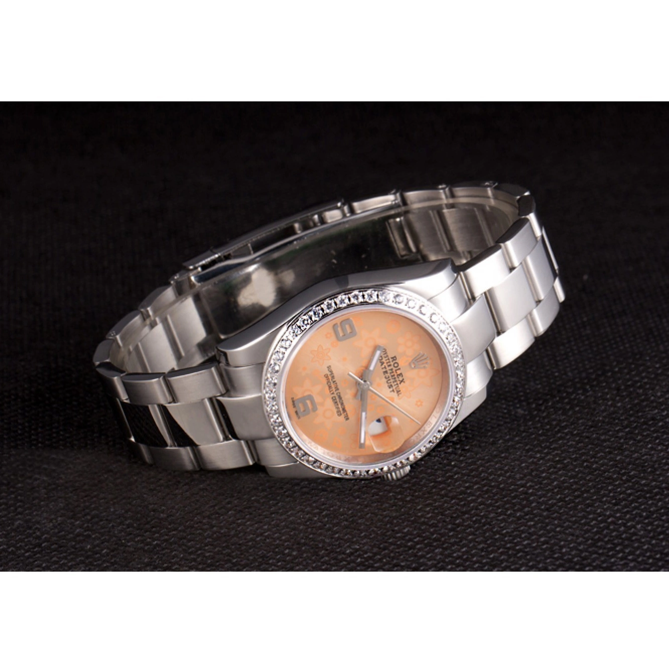 Aaa replica watch Diamond Stainless Rolex Dial Plated Orange Datejust Steel Flowers Polished 0818